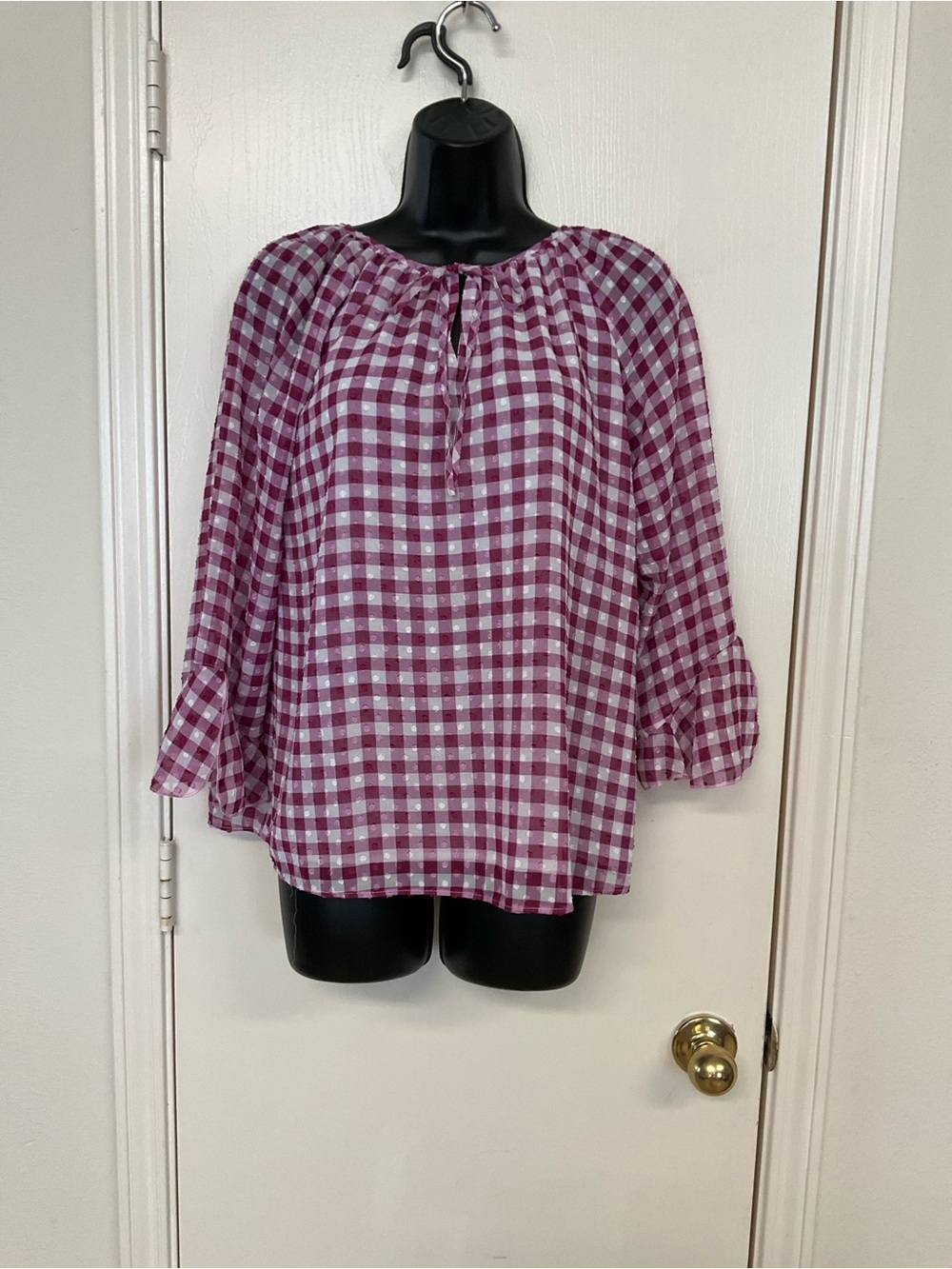 Cato Women's Purple Gingham Peasant Blouse